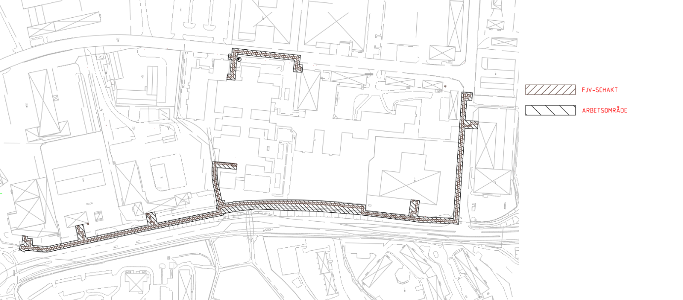 Skiss över arbetet längs Gävlevägen/Stallgatan med schakt- och arbetsområde markerat med streck.